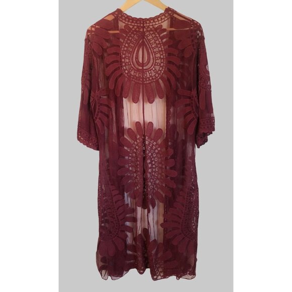 Francescas Lace Duster Kimono Cover-Up Womens OS Burgundy Boho Sheer Hippie Mesh - Picture 2 of 9